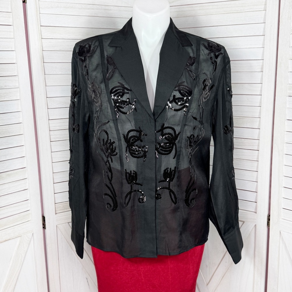 H&M Edition Sequined Flower Sheer Organza Button Up Shirt Black Large